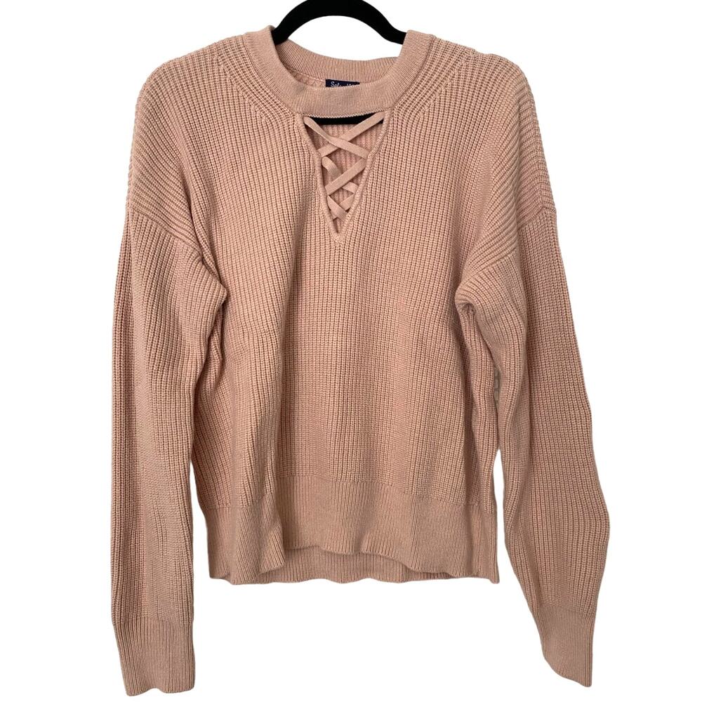 Splendid Pink Criss Cross Knit Long Sleeve Pullover Sweater Size XL Preppy Cozy